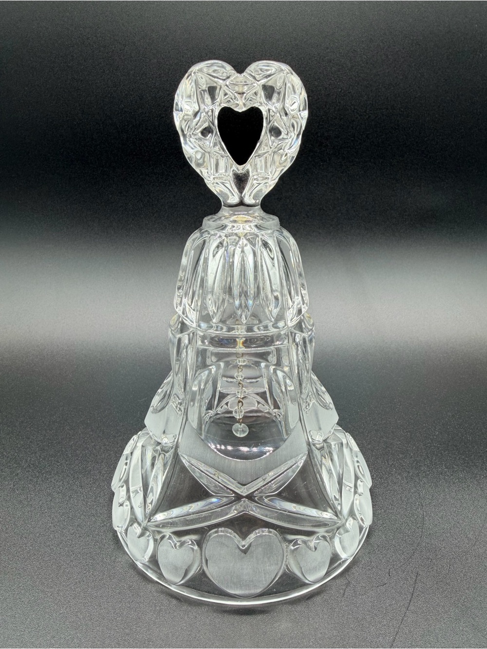 Vintage Lead Crystal Bell Frosted Hearts West Germany Heart Handle Cut Glass 7"